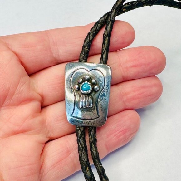 Vintage Sterling Silver Turquoise Robert Haley Navajo Native American Bolo Tie - Picture 2 of 5
